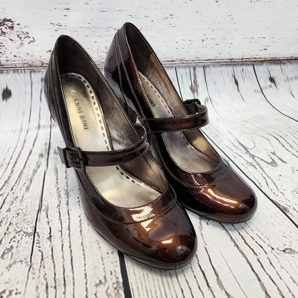 Gianni Bini Brown Patent‎ Leather Mary Jane Heels Size 9 1/2